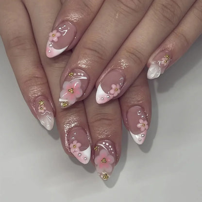 Pink Magic Mirror French 3D Flowers Nail Art Fashion Almond Wearable False Nails Detachable Finished Fake Nails Press on Nails