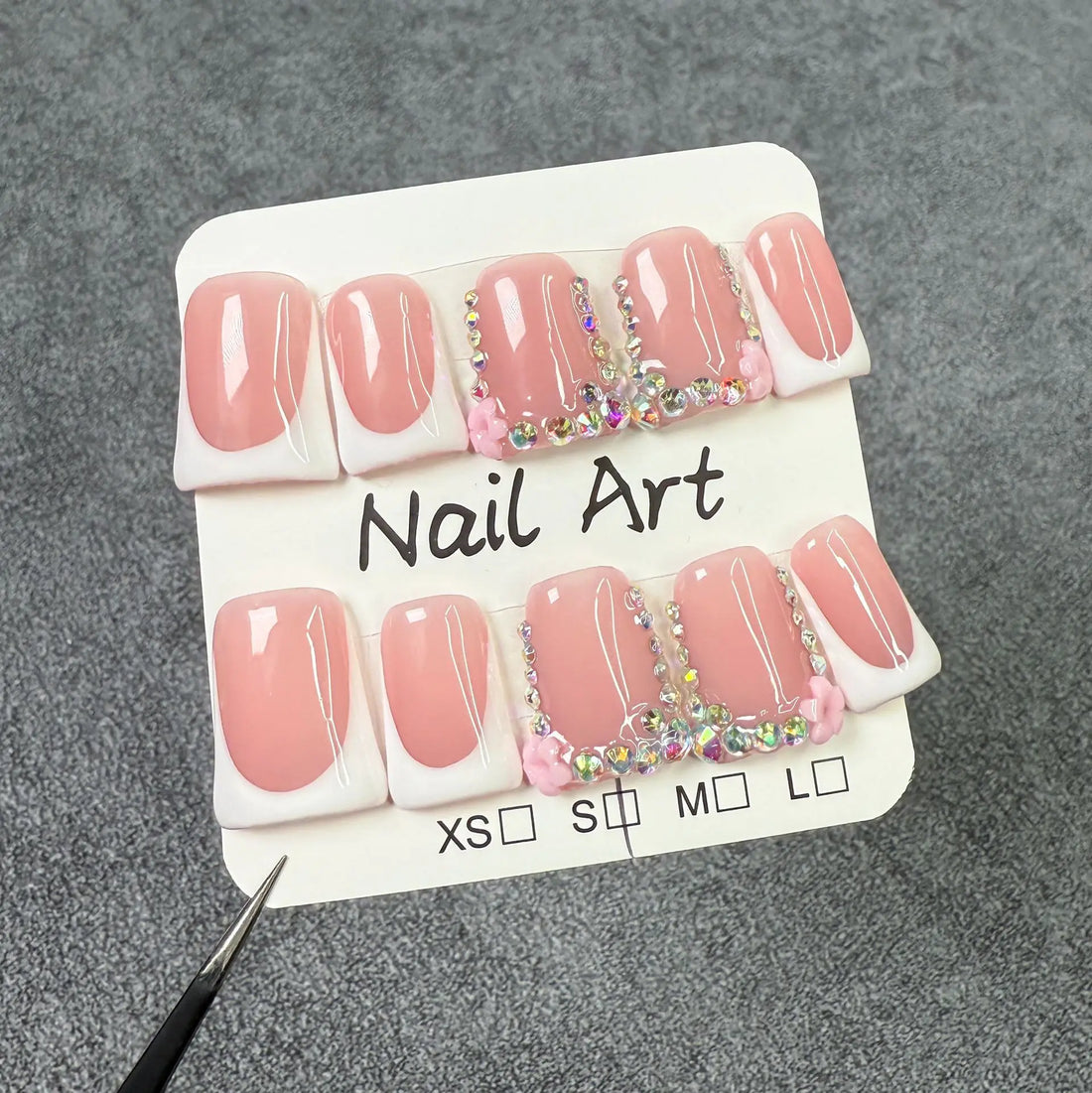 10pcs Pink Duckbill Handmade Press on Nails Art Simple White French Short Fake Nail Wearable Rhinestones Design False Nails Tips