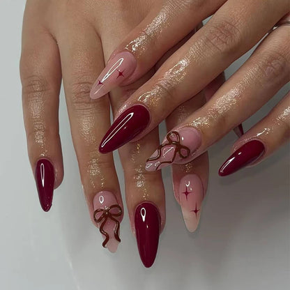 24Pcs 3d gelnails makes bow design French tip Press on Nails almond design Fit Perfectly Acrylic False Nails set,Include: 1pcs J