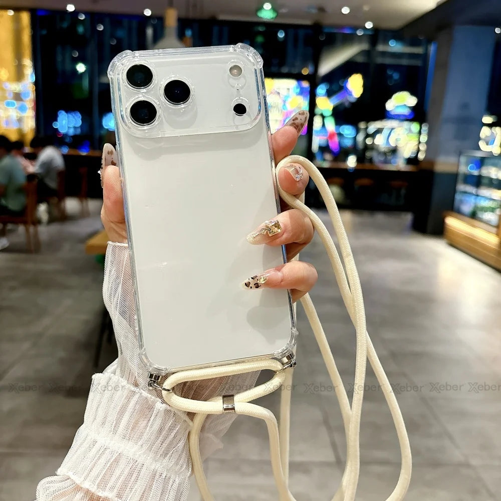 Shockproof Clear Soft Bumper Case For iPhone 17 16 15 14 Pro Max Plus Crossbody Lanyard Necklace Strap Cord Nylon Rope Cover