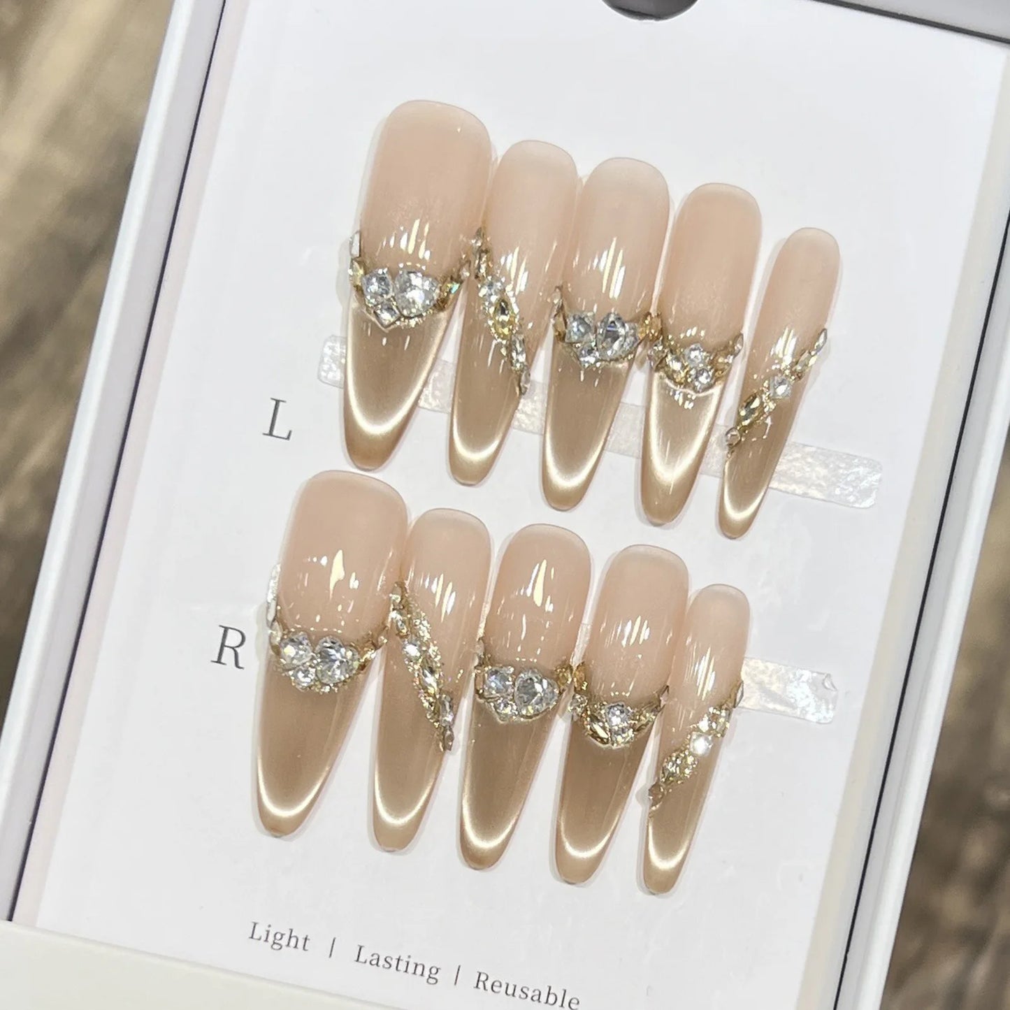 10pcs Long Almond Fake Nails Tips With Green Cat's Eye Handmade French Press On Nail Flower Pearl Design False Nail Detachable