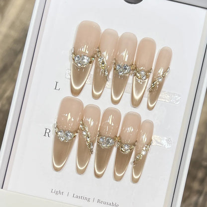 10pcs Long Almond Fake Nails Tips With Green Cat's Eye Handmade French Press On Nail Flower Pearl Design False Nail Detachable