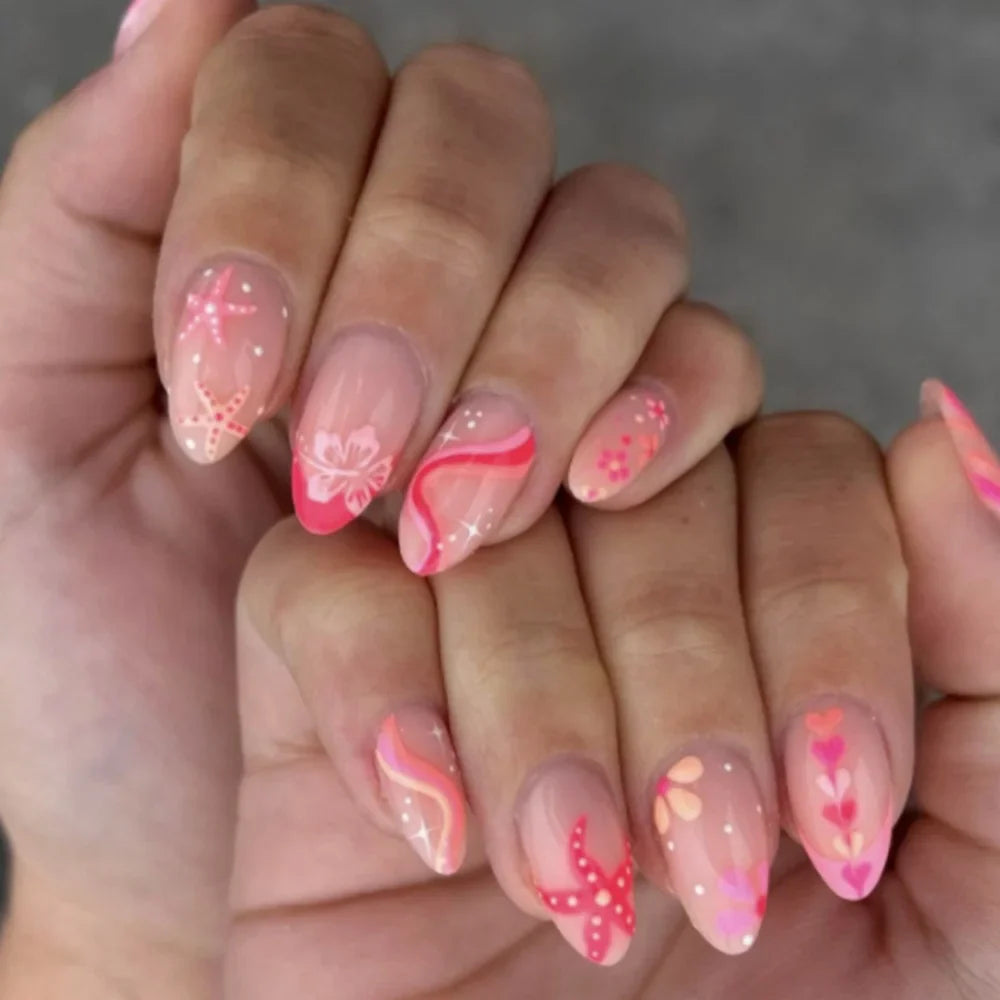 24pcs Cute False Nail Ocean Creature Pattern Stick on Nails Yellow French Short Almond Fake Nail Flower Design Press on Nails