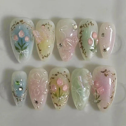 24pcs Sweet Pink Fake Nail Patches Blush 3D Bows Flower Pearl Buttertfly Press On Nails Wearable Almond Korean False Nail Tips