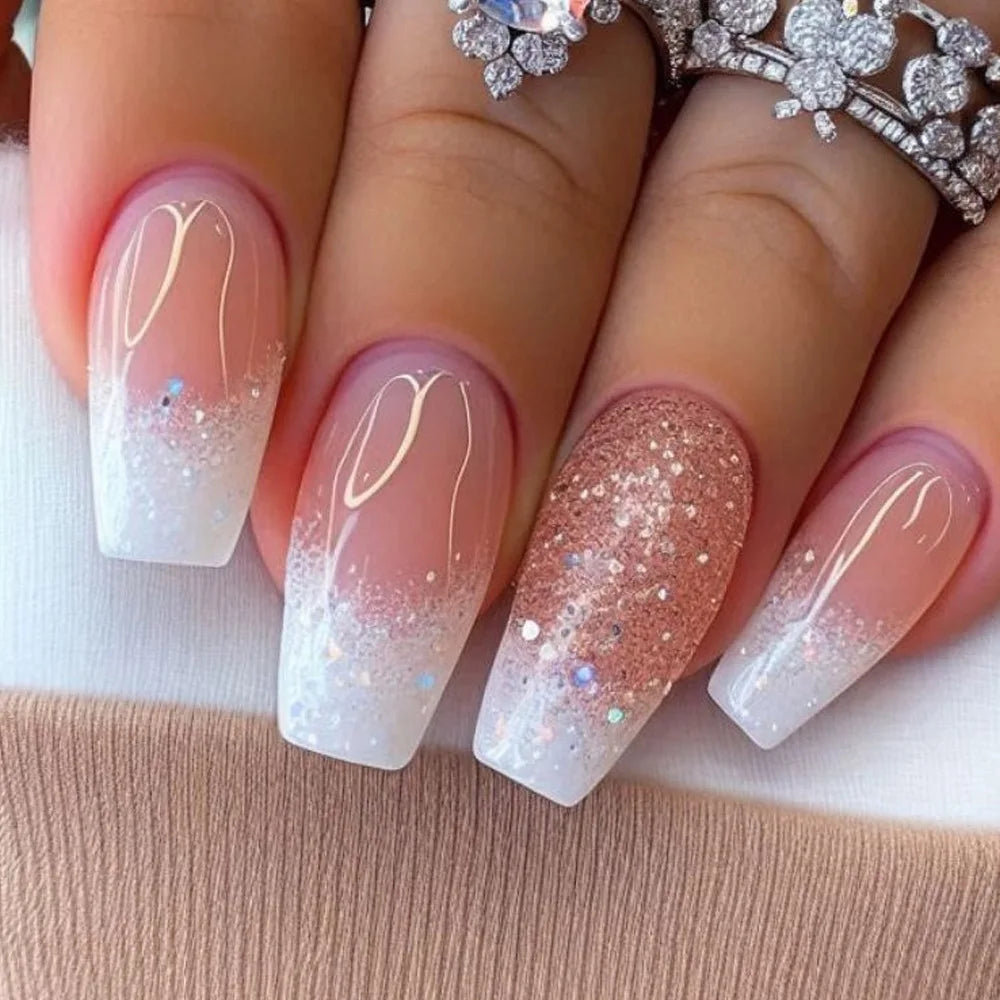 24Pcs Short Square Coffin False Nails Square Fake Nails with Glue French Glitter Wearable Acrylic Nails Set Press on Nail Tips