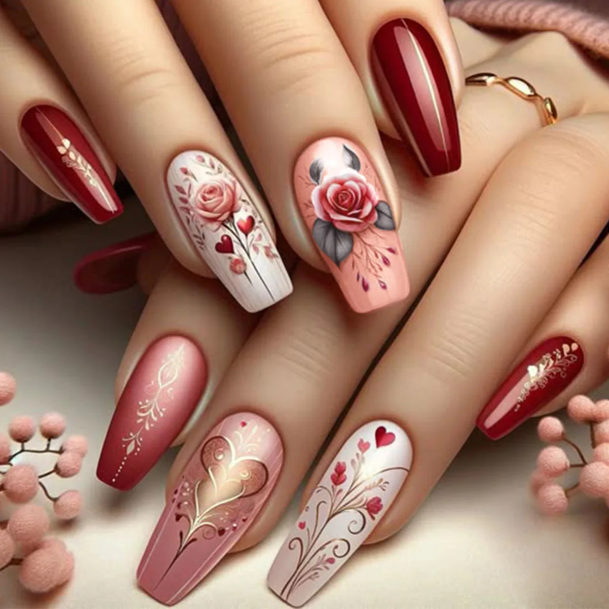 24Pcs Fashion Fake Nails Press on Long Ballet False Nails Art with Flower Design Brown Detachable Full Cover Nail Tips Manicure