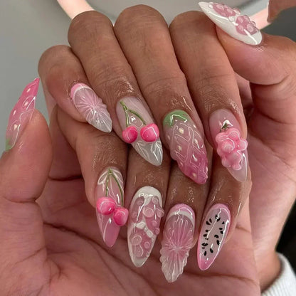 24pcs French Almond Press on Nails Leopard Print False Nails 3D Bow Wearable Stick-on Nails Fake Nail Uñas Накладные Ногти 네일팁