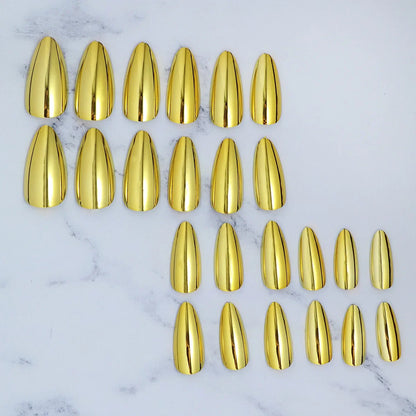 24pc/set Medium almond fake nails metallic mirror red black purple blue golden tips faux ongles y2k press on acylic false nail