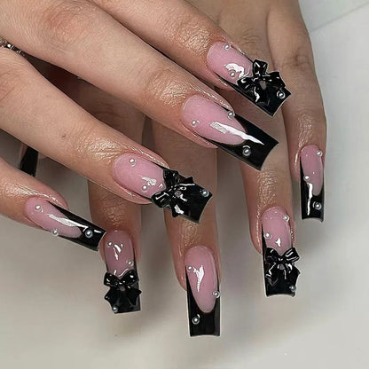 White French Press on Nails 3D Bowknot Fake Nails Tips Full Cover Wearable False Nails for Women and Girls DIY Manicure 24Pcs