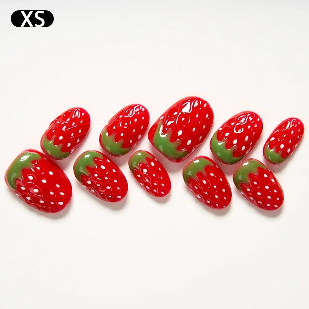 10pcs Handmade Square Press on Nails French Coffin Pink Fake Nail Strawberry Decor Sweet Style Square Artificial Nail for Women