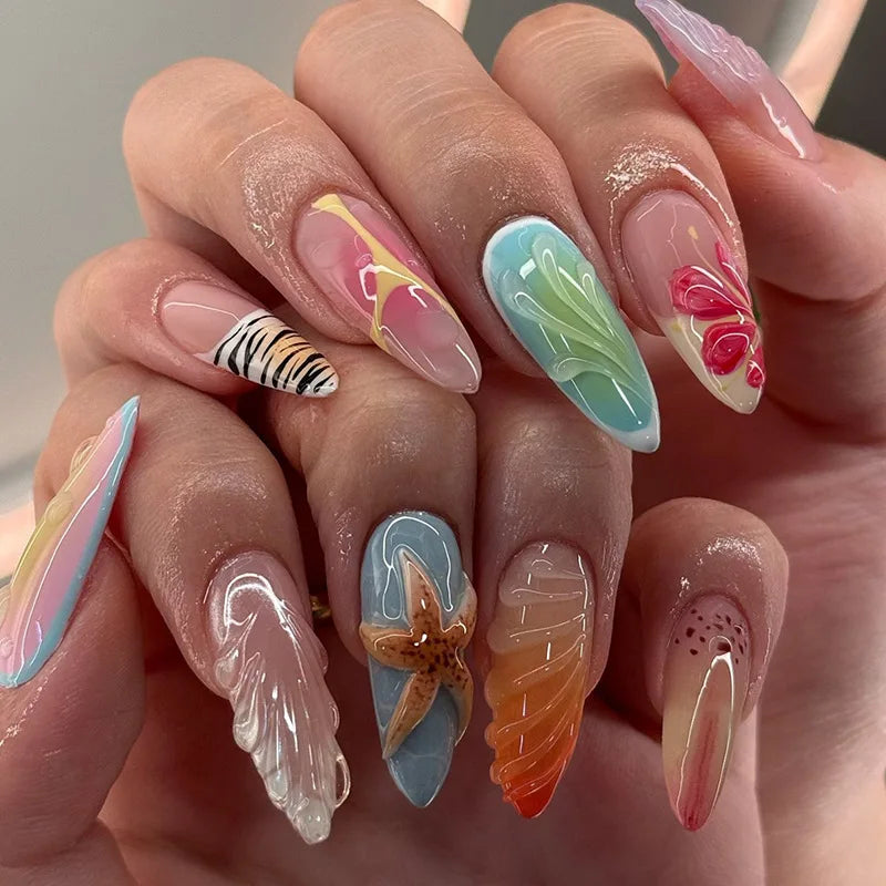 24pcs Cute False Nail Ocean Creature Pattern Stick on Nails Yellow French Short Almond Fake Nail Flower Design Press on Nails