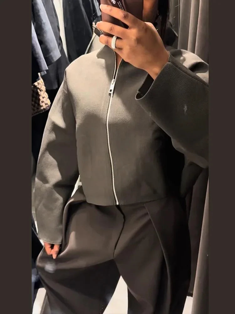 Women Casual Solid Knitted Short Cardigan Lapel Full Sleeve Zipper Loose Cropped Coats 2025 Lady Daily Commute Fashion Outerwear