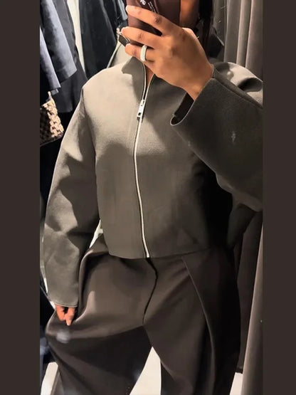 Women Casual Solid Knitted Short Cardigan Lapel Full Sleeve Zipper Loose Cropped Coats 2025 Lady Daily Commute Fashion Outerwear