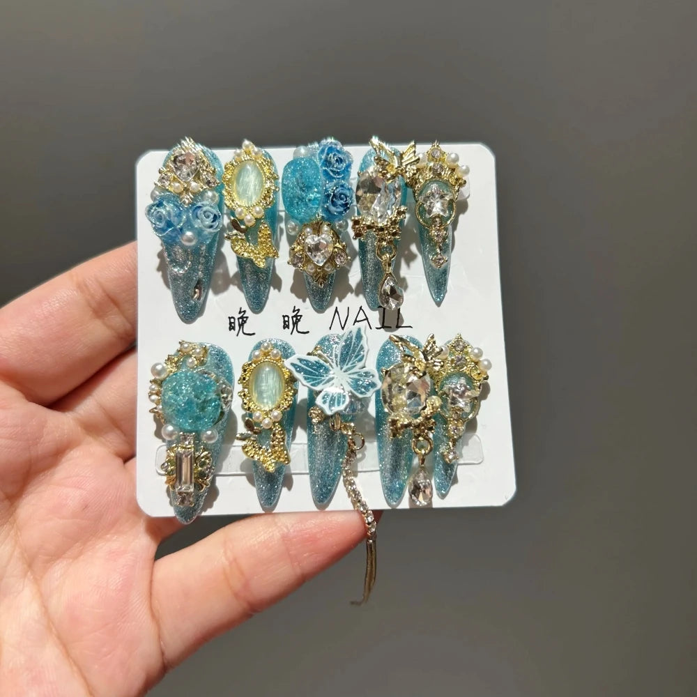 10Pcs High Quality Handmade Press on Nails Qingwu Yuanshan Green Spring/Summer Explosive Luxury Heavy Industry Niche Style Hot