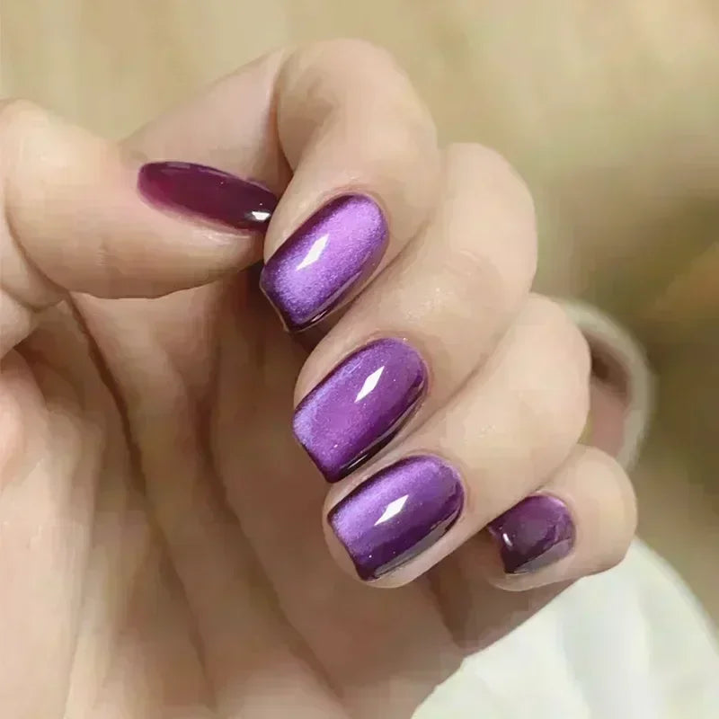 24pcs Crystal Cat Eye False Nails with Glue Short Square Press on Nails Shiny Red Jewel Nail Solid Color Fake Nails Minimalis