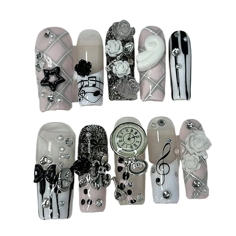 Musical Notes Retro Vintage Cute Pink French Handmade Press On Nails 3D Rose Bow Pearl Y2K Gyaru Fake Nails Long Coffin Nail Art