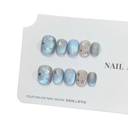 New 10Pcs INS Short Handmade Press on Nails Blue Cat Eye Star Fake Nails Wearable Stick-on Nails Full Cover False Nail