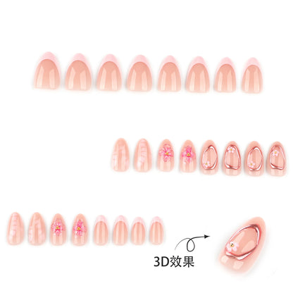 24pcs French Almond Press on Nails Flower False Nails Wearable Stick-on Nails Fake Nail Uñas Postizas Mujer Накладные Ногти 네일팁