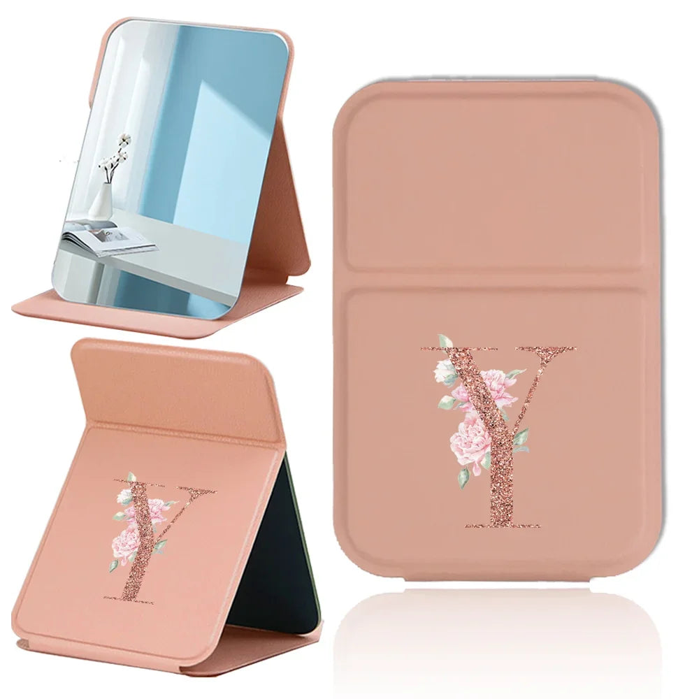 Fold Desktop Makeup Mirror Handheld PU Travel Makeup Mirror Portable Leather Anti Slip Pocket Mirror Rose Gold Letter Pattern