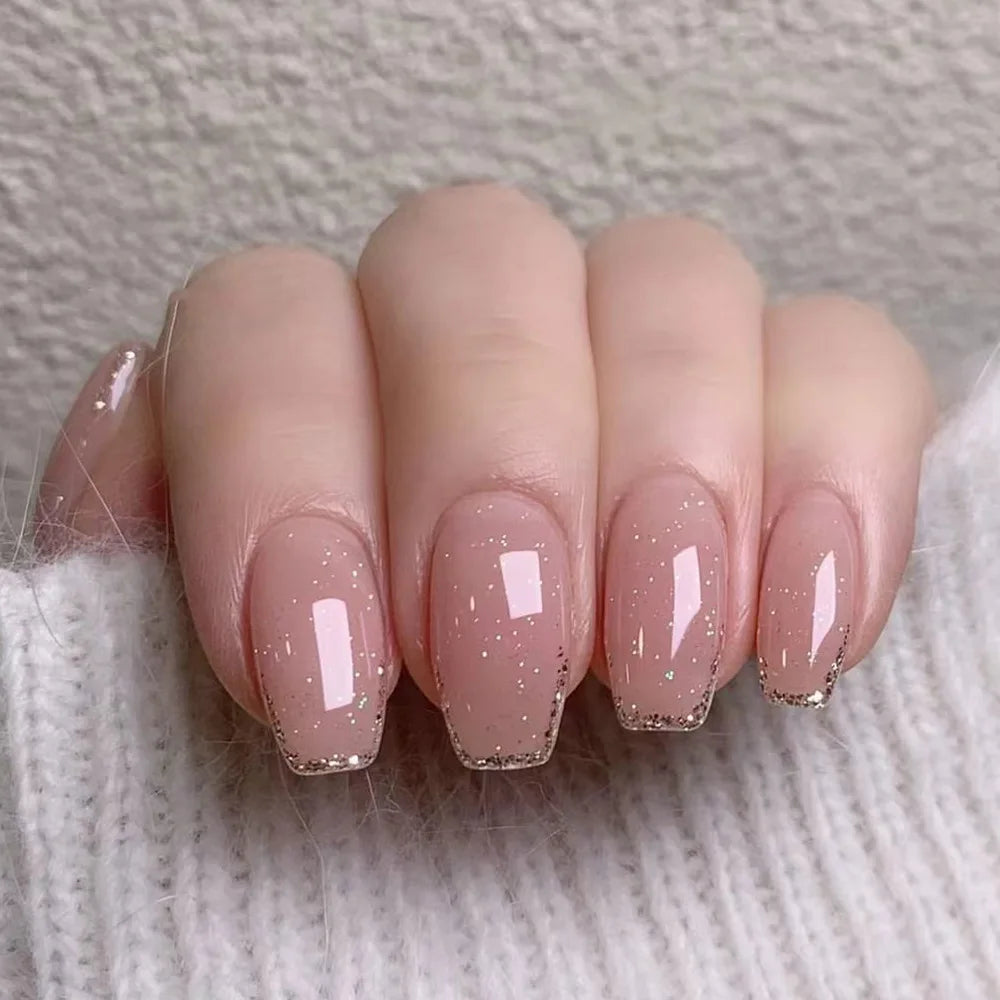 24pcs Glitter Ballet False Nail Simple Wine Red Mid-length Coffin Fake Nail Wearable Simple Shiny Powder Design Press on Nails