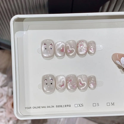 10pcs Handmade Wearable Nails Short Ballet Shape Fashion Light Pink Cat Eye Cute Kitten Claw with Heart False Nails for Party