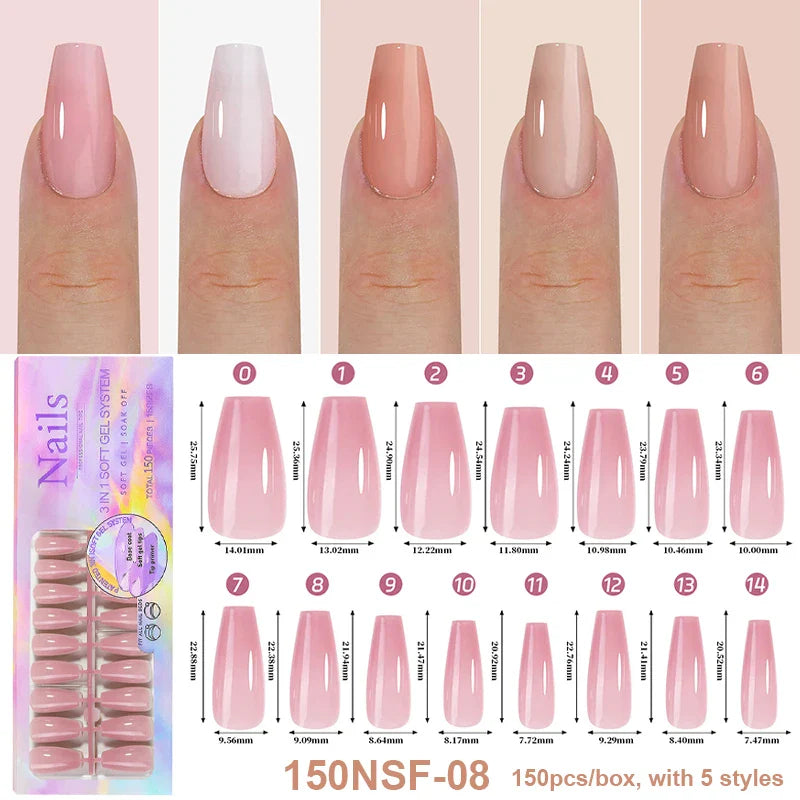 150Pcs/Box Acrylic Press on Nails Full Cover Fake False Tips Soft Gel Extension T-shaped Oval Capsule Almond Sculpted Salon DIY