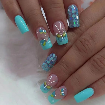24pcs Square Stick-on Nails Set Goldfish Nail Tips Cheap Nail Seal Summer Beautiful false Nails Wholesale Holiday Press on Nails