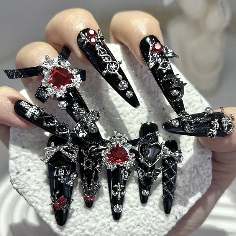 Menhera Y2K Spice Girls Black Red Long Tip Handmade Press On Nails Cross Spider Love Diamond Fake Nails Bow Cool Dark Nail Art