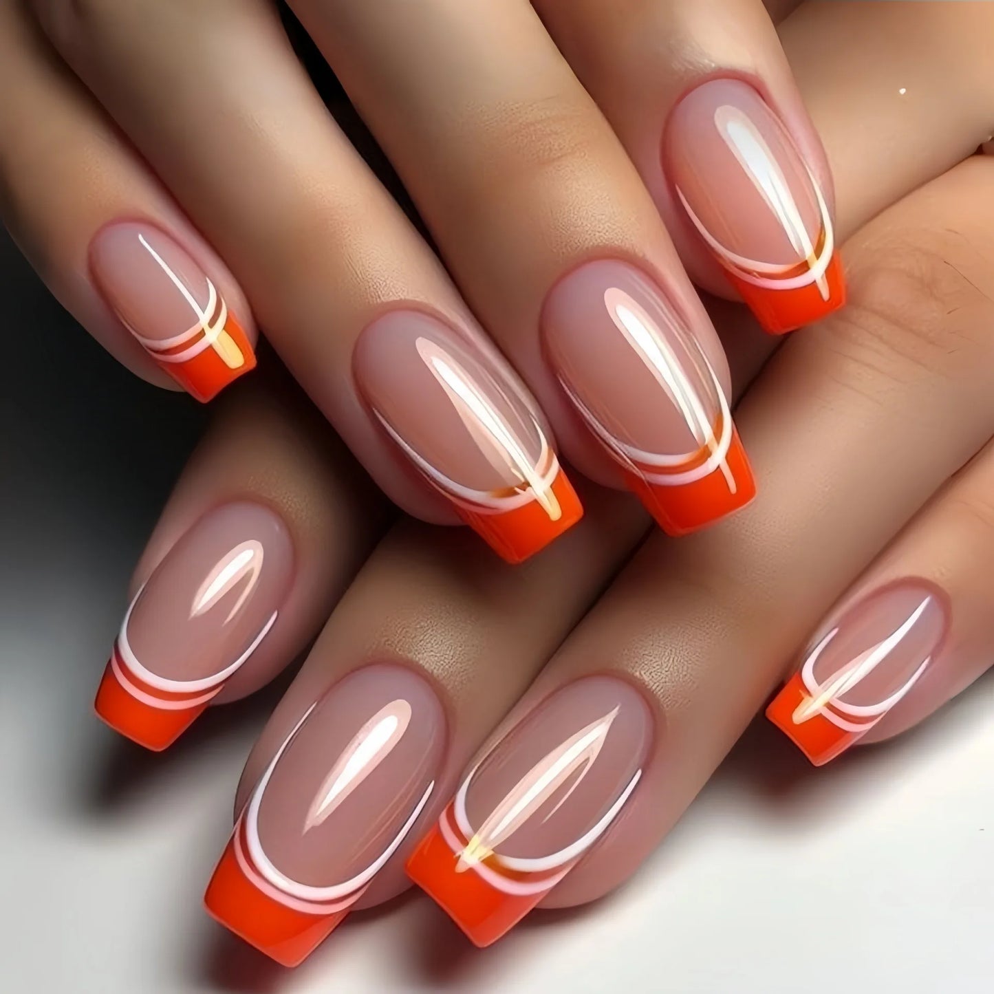 24pcs/set Medium fake nails for women girls white red golden french frame strips Square almond nail tips press on false nail art