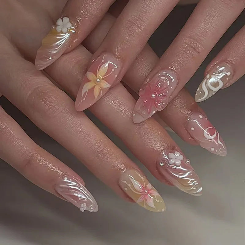 24pcs Almond False Nails Tips Summer Beach Colorful Nails Sets with Pearl Flower Design Press on Nails Art Wearable Fake Nail