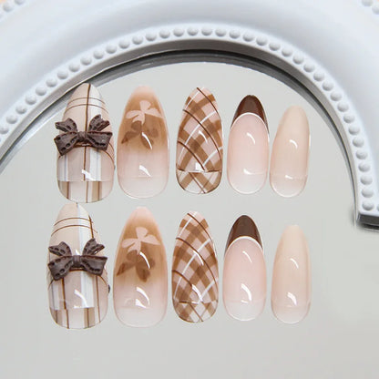 24Pcs Brown Plaid Press on Nails French Bow Spring False Nail Medium Almond Fashion Atmosphere Wearable Nail for Women&Girl