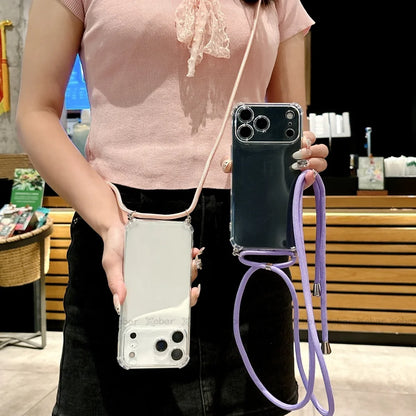 Shockproof Clear Soft Bumper Case For iPhone 17 16 15 14 Pro Max Plus Crossbody Lanyard Necklace Strap Cord Nylon Rope Cover
