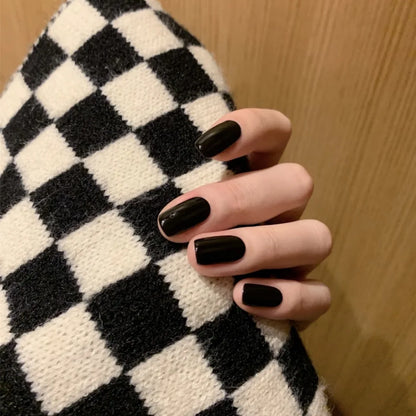 24Pcs Solid Color Press on Nails Short Square Round Fake Nail Glossy Dark Nail Art Wearable Detachable Autumn Winter False Nails