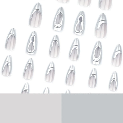24pcs French Sliver Fake Nails 3D Sliver Mirror Design Almond Press on Nails for Girls Full Cover Wearable Y2k False Nail Tips