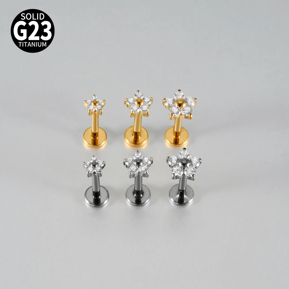 1/5PCS F-136 Implant Titanium Different Size Flower Zirconia Labret 16G Internal Threaded Cartilage Helix Lobe Earring Piercing