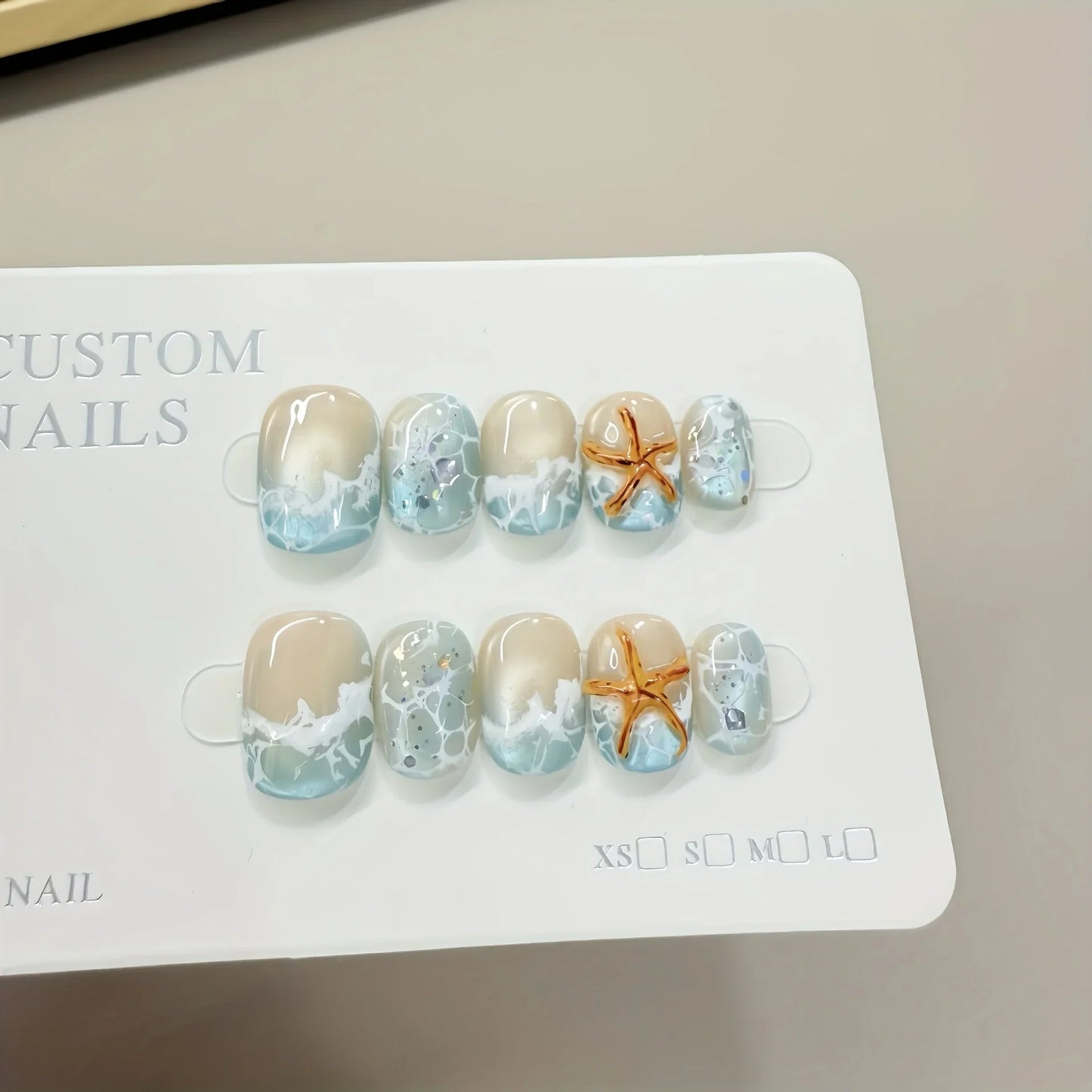 10pcs Handmade Press on Nails Summer Wave Ripple Starfish Full Coverage Nail Tips for Women&Girl Detachable Wearable Nail