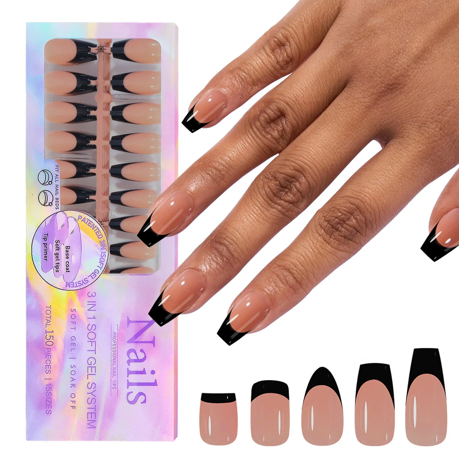 150Pcs/Box French False Nails Scarless Removable Coffin Almond Fake Nail Artificial Acrylic Patches Reusable Press On Nail Tips
