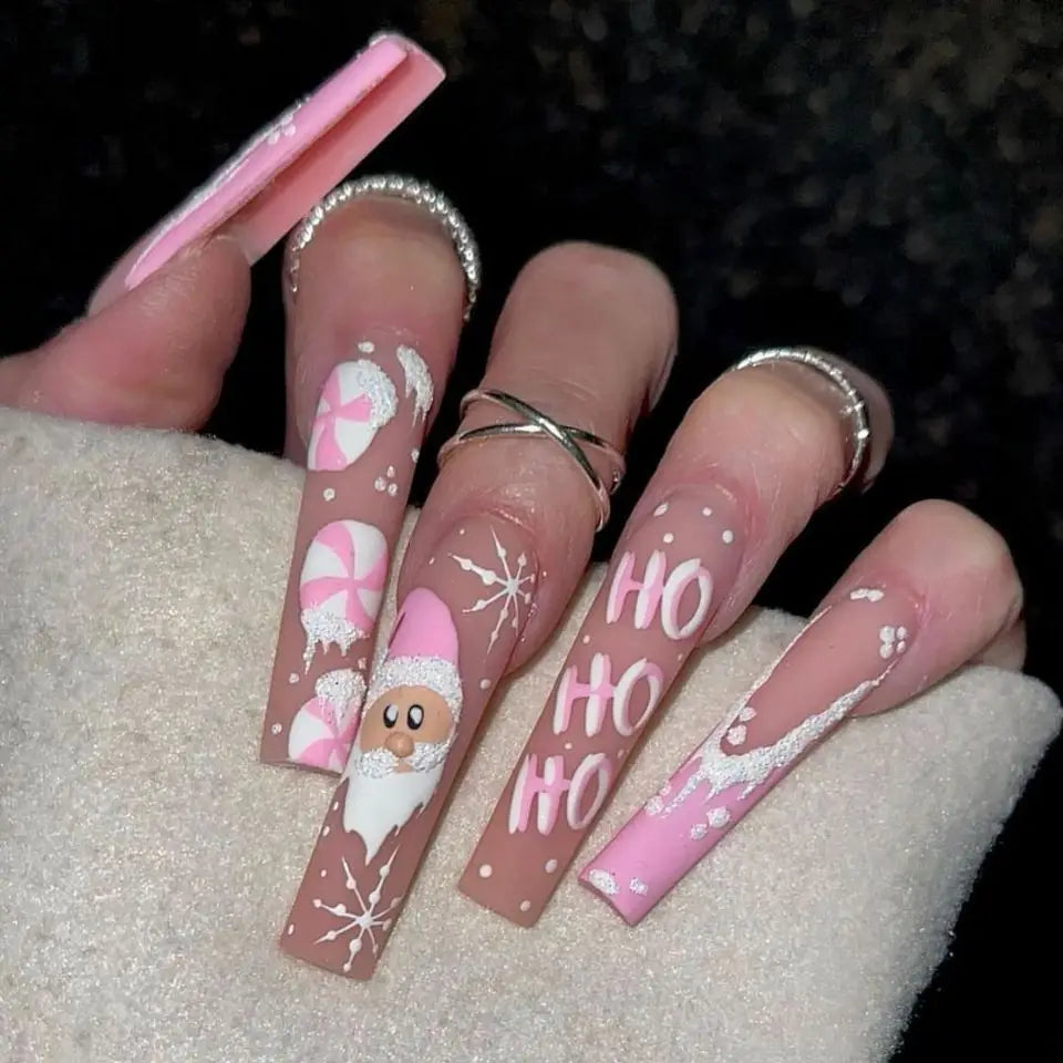 Medium long fake nails for Christmas party Cute snowman Santa Claus gift snowflake square almond tips Press on false nail art
