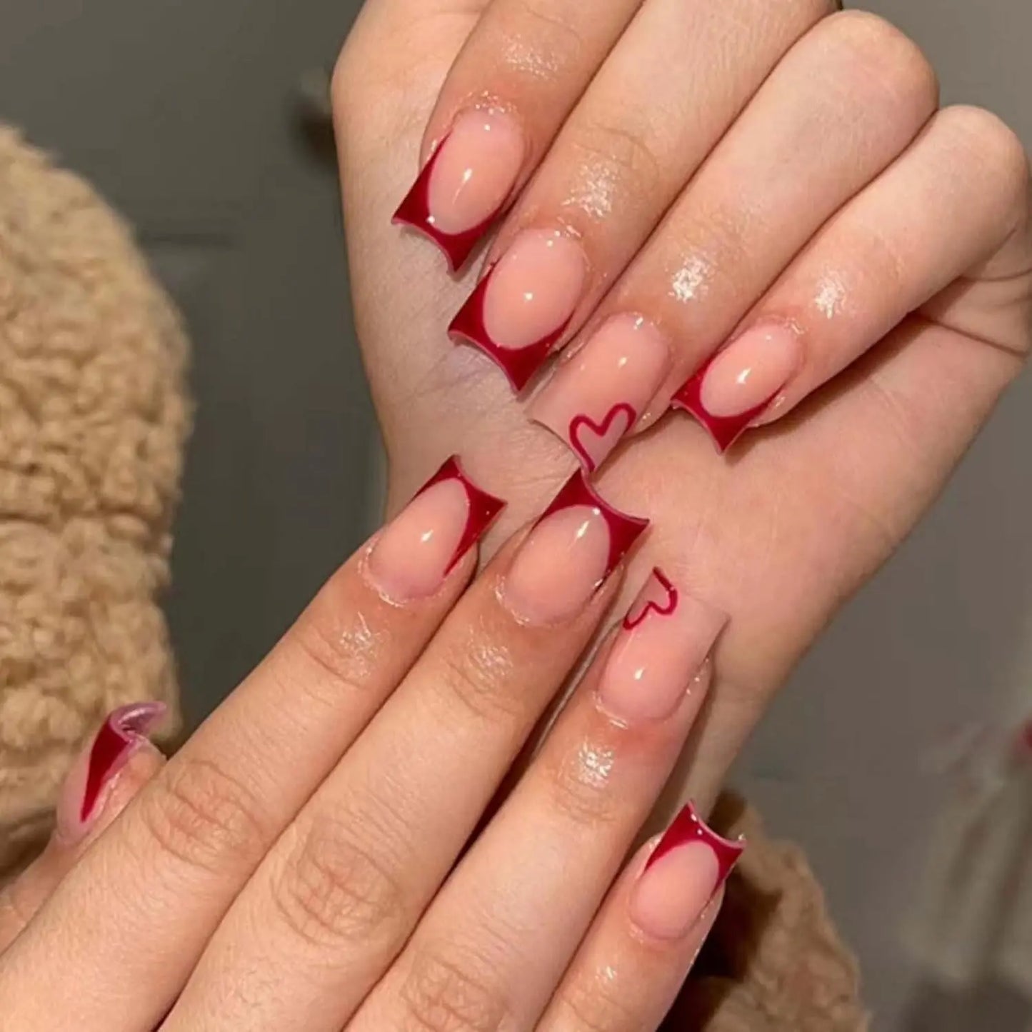 24PCS Rectangular Fake Nails Cute Heart-Shaped Nude Fake Nails Pointed French Valentine's Day Nails Suitable For Women And Girls