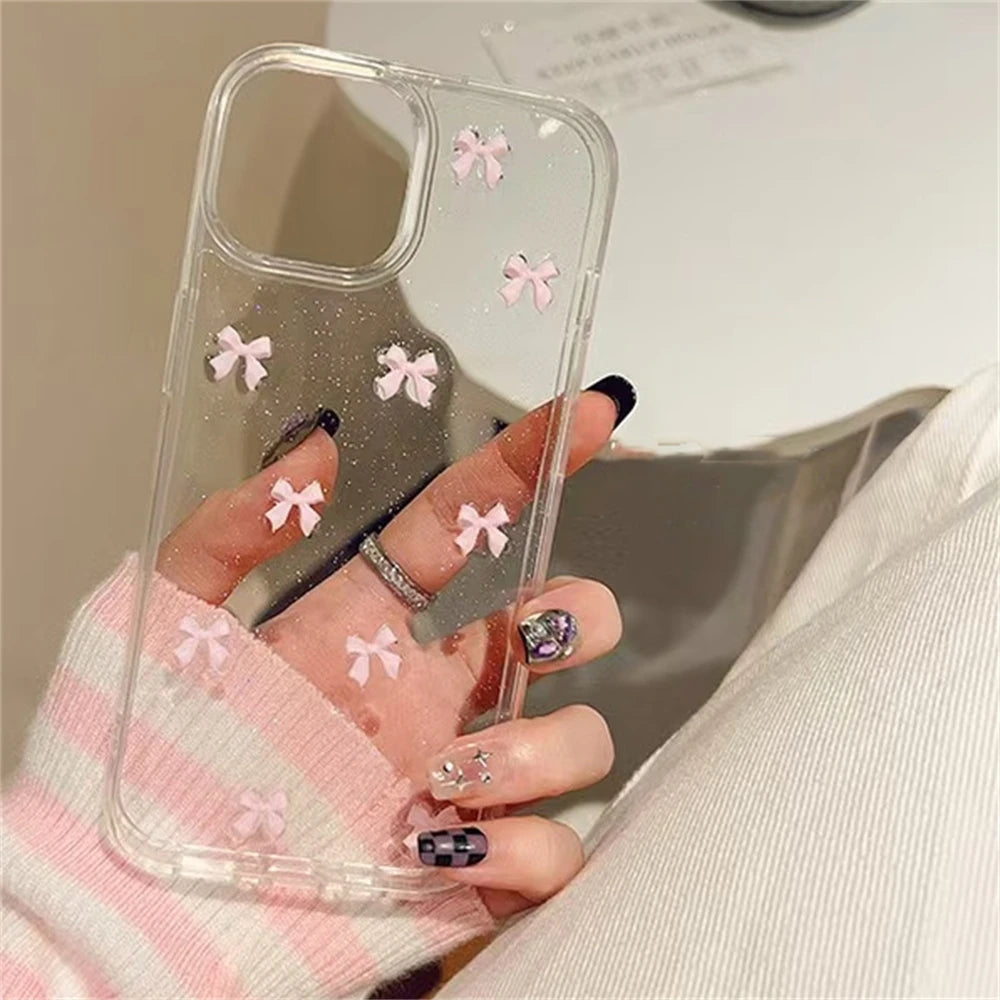 Cute 3D Bowknot Glitter Case For iPhone 17 Air 16 15 13 11 Pro Max 14 Plus 12 X XS XR 2025 Korean Girl Epoxy Clear Shell