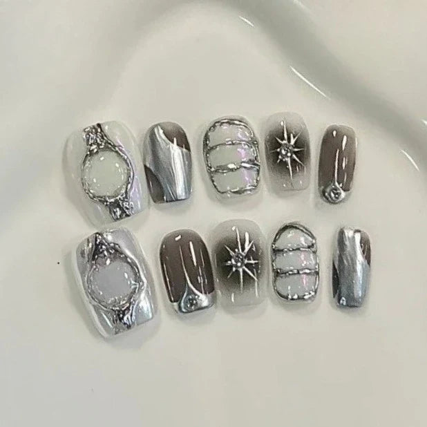 10Pcs Cat Eye False Nails Short Square Handmade Fake Nails Irregular Metal Press on Nails Silver Glitter Design Nail Sweet Cool