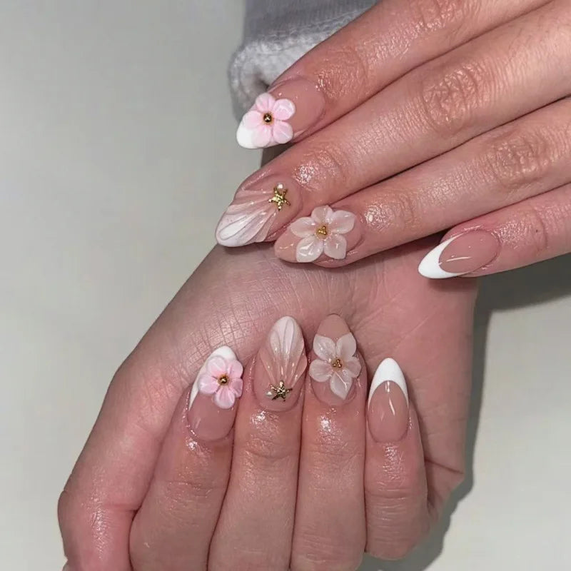 24Pcs Sweet Cool Almond Nail Set Press on Acrylic Nails 3D Floral Butterfly Fake Nail Full Cover French Tip Artificial Nails Art