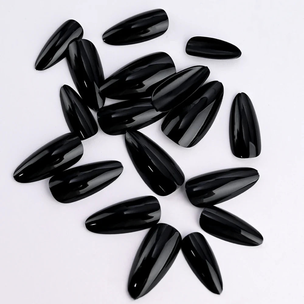 100pcs Black Almond Fake Nail Mid-length Solid Color Artificial Nail Removable Press On Nails Tip Almond Nail Art False Nail