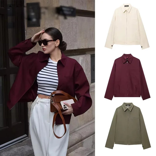 2025 Women Solid Wine Red Jacket Coat Long Sleeve Zipper Cropped Tops Female Casual Chic Tops Woman Fashion High Street