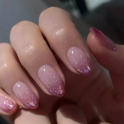 24Pcs Simple Glitter Almond False Nails with Glue Ballerina Nail Design Sweet Cool French Detachable Press on Nail Manicure Tips