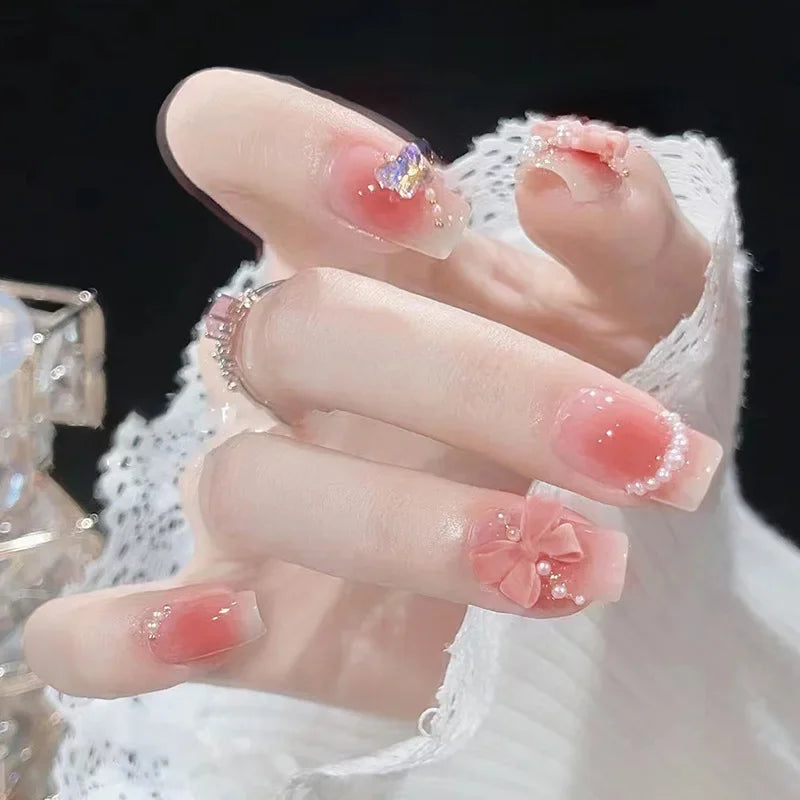 24Pcs Short Ballerina False Nail Tips with Pearl Detachable French Fake Nails Pink Cute Full Cover Press on Nails Manicure Tools