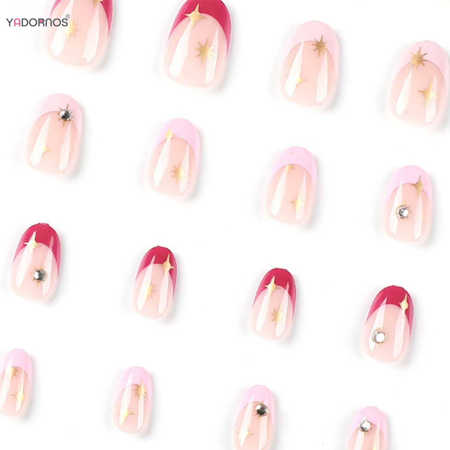 24pcs Short Almond Pink French False Nails Star Design Press on Nails Fake Nails DIY Manicure Detachable Stick-on Nail Tips