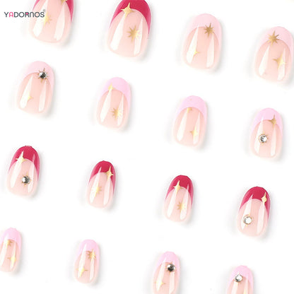 24pcs Short Almond Pink French False Nails Star Design Press on Nails Fake Nails DIY Manicure Detachable Stick-on Nail Tips