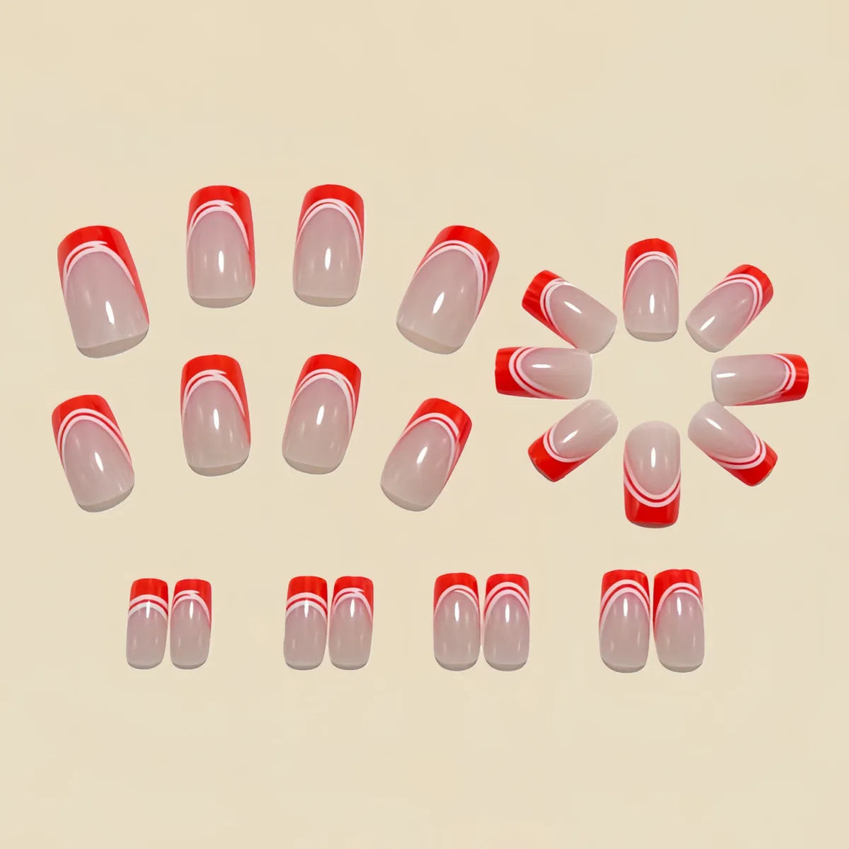 24pcs/set Medium fake nails for women girls white red golden french frame strips Square almond nail tips press on false nail art