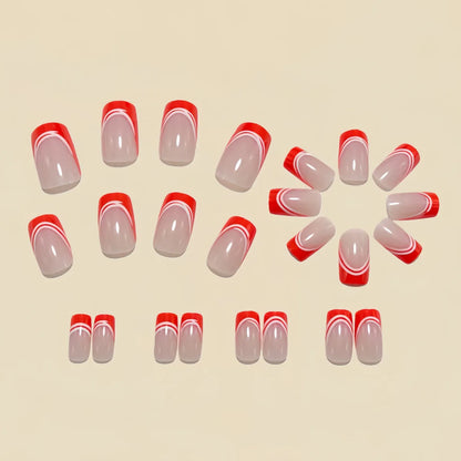 24pcs/set Medium fake nails for women girls white red golden french frame strips Square almond nail tips press on false nail art